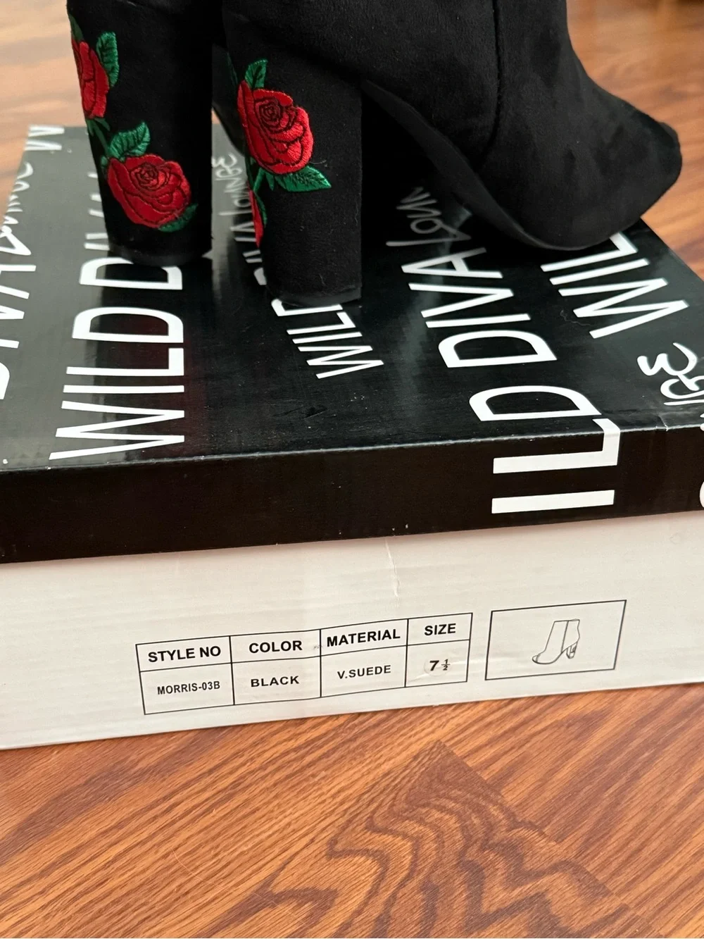 Wild Diva Black Suede Peep-Toe Ankle Booties with Red Rose Embroidery